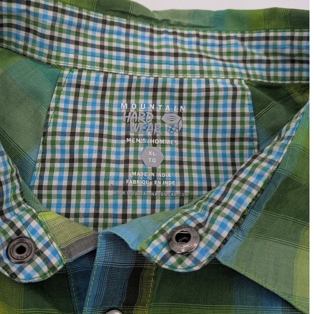 Mountain Hardwear Men's XL Plaid Snap Front Short Sleeve Hiking Shirt Green Blue - Picture 3 of 12